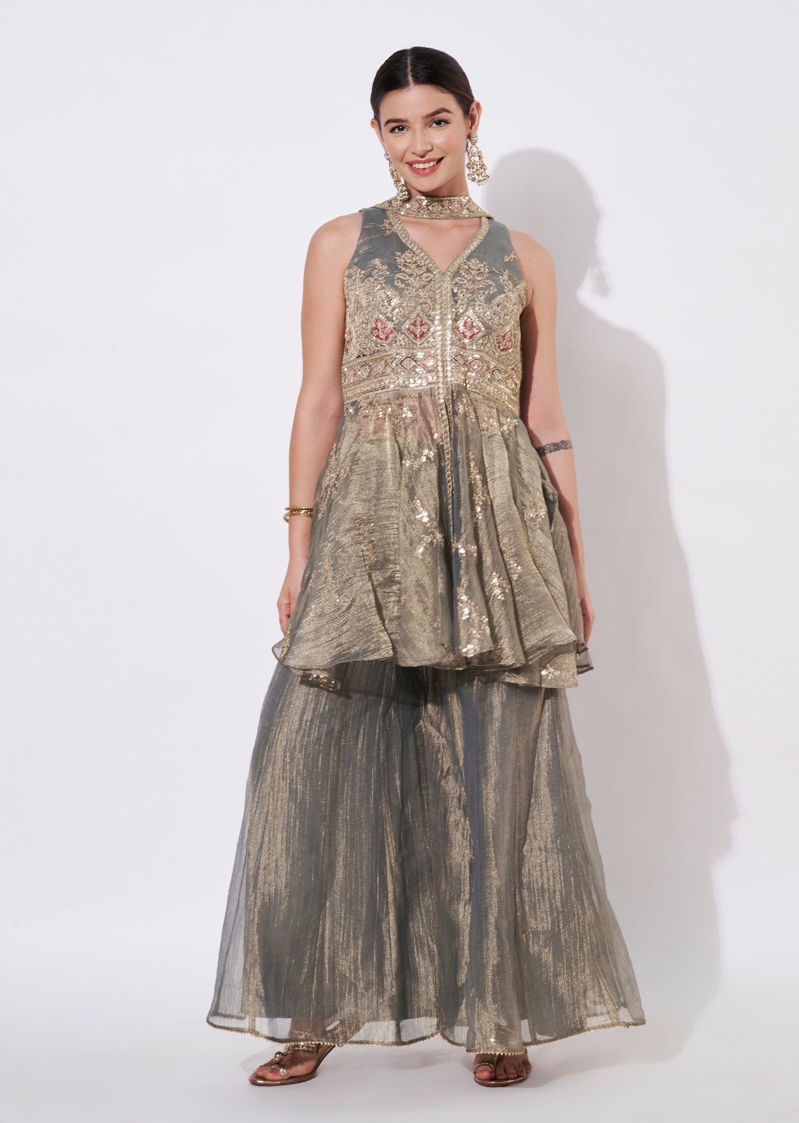 Dusty Green Tissue Sharara Set