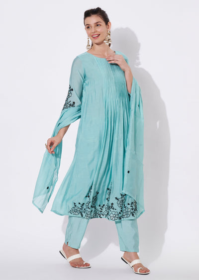 Dusty Blue Silk Anarkali Suit
