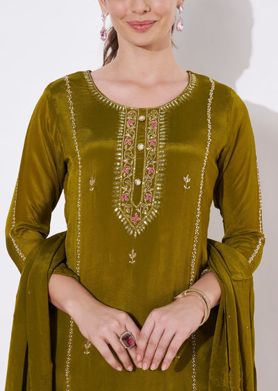 Mehndi Green Chinnon Anarkali Suit