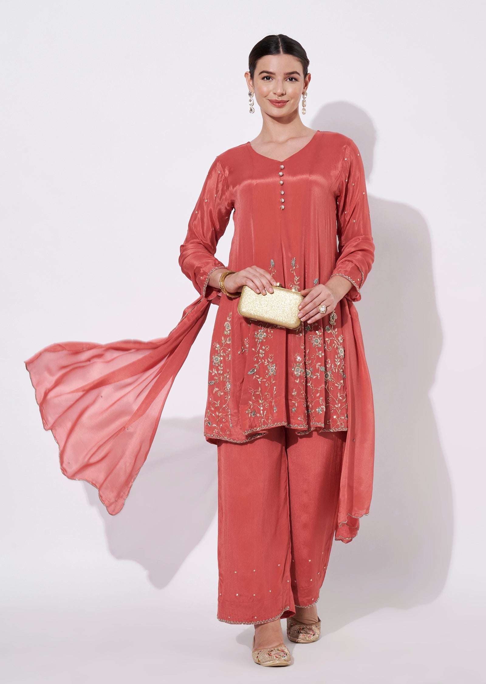 Coral Silk Short Kurti Set