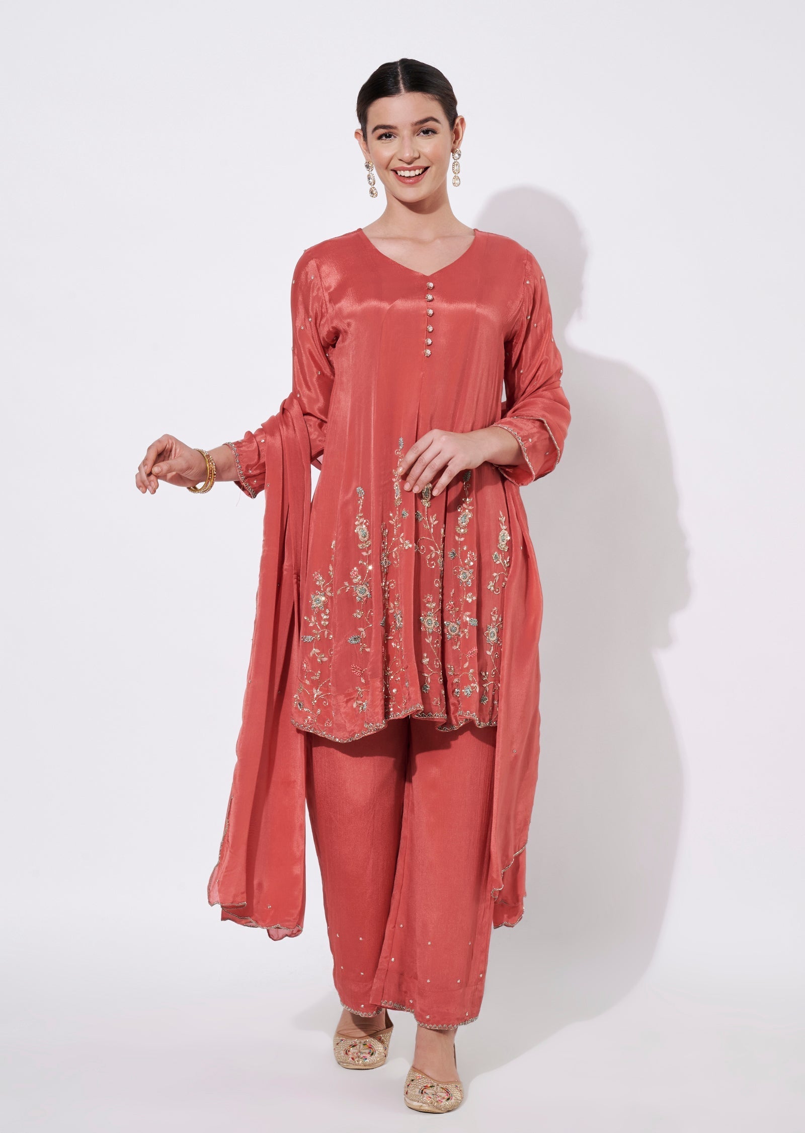 Coral Silk Short Kurti Set