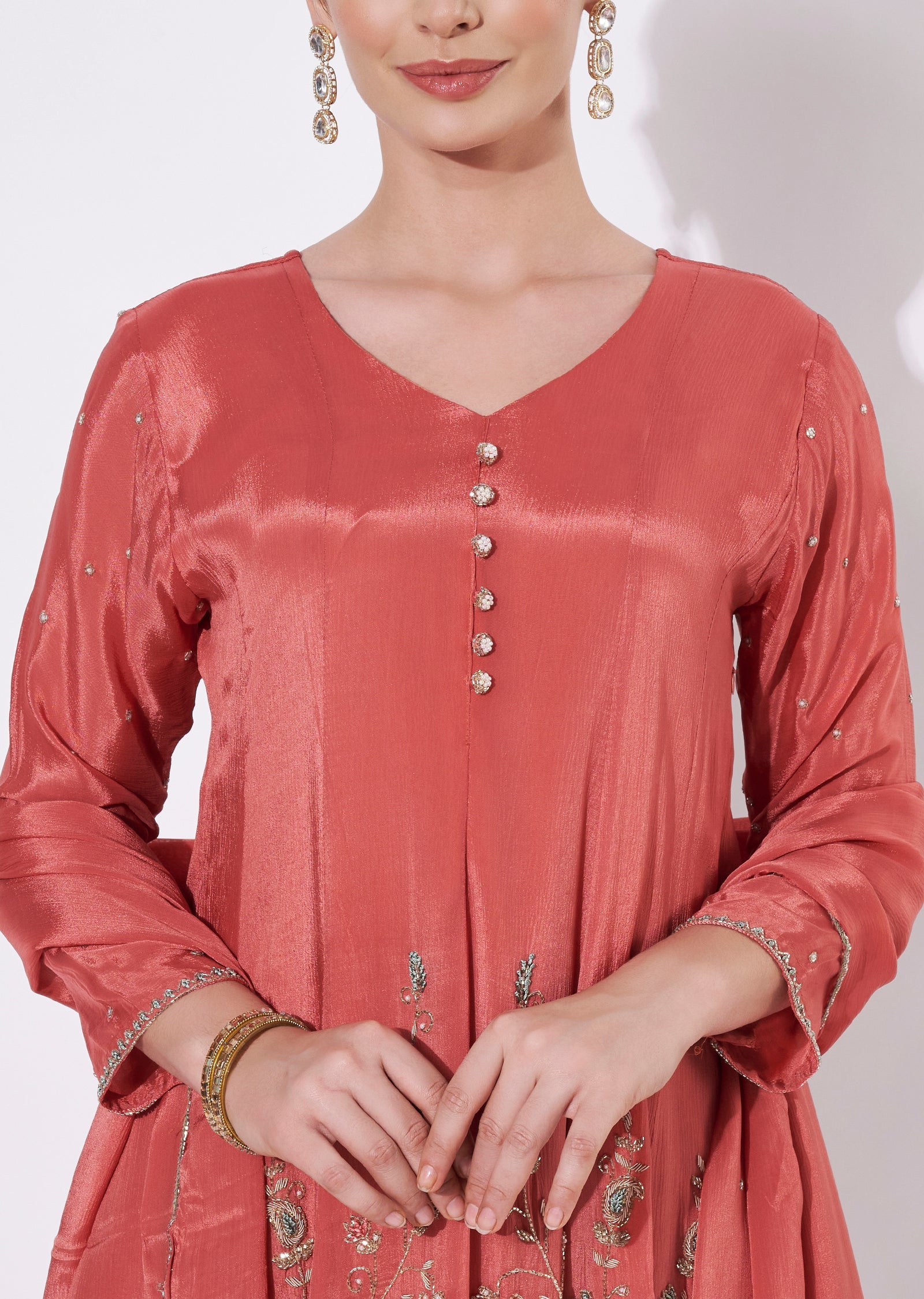 Coral Silk Short Kurti Set