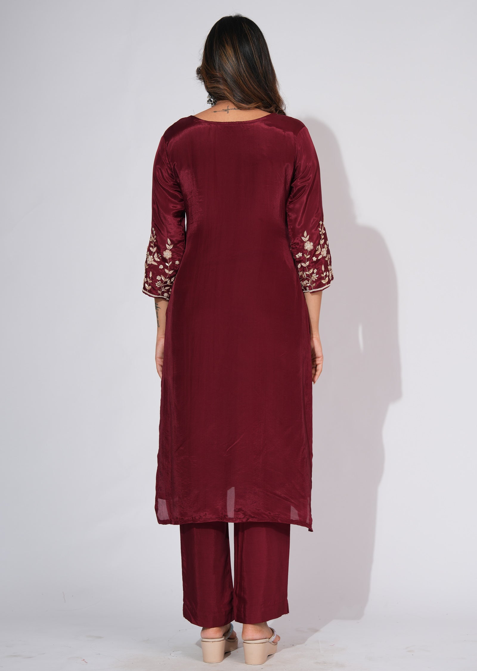 Maroon Silk Straight cut suit
