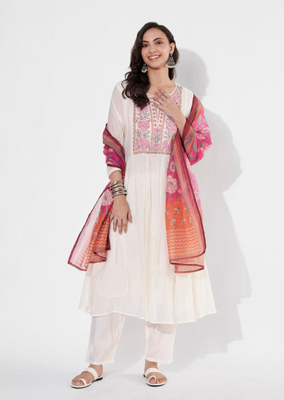 Cream & pink Chanderi Anarkali suit