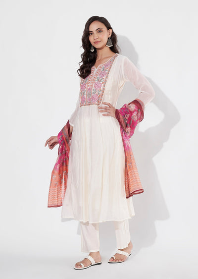 Cream & pink Chanderi Anarkali suit