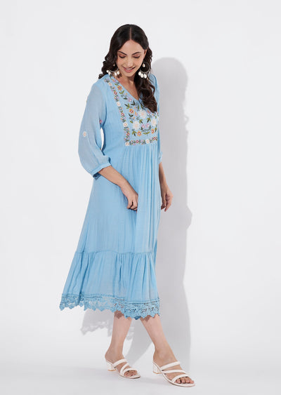 Sky Blue Linen Georgette Frock style kurti
