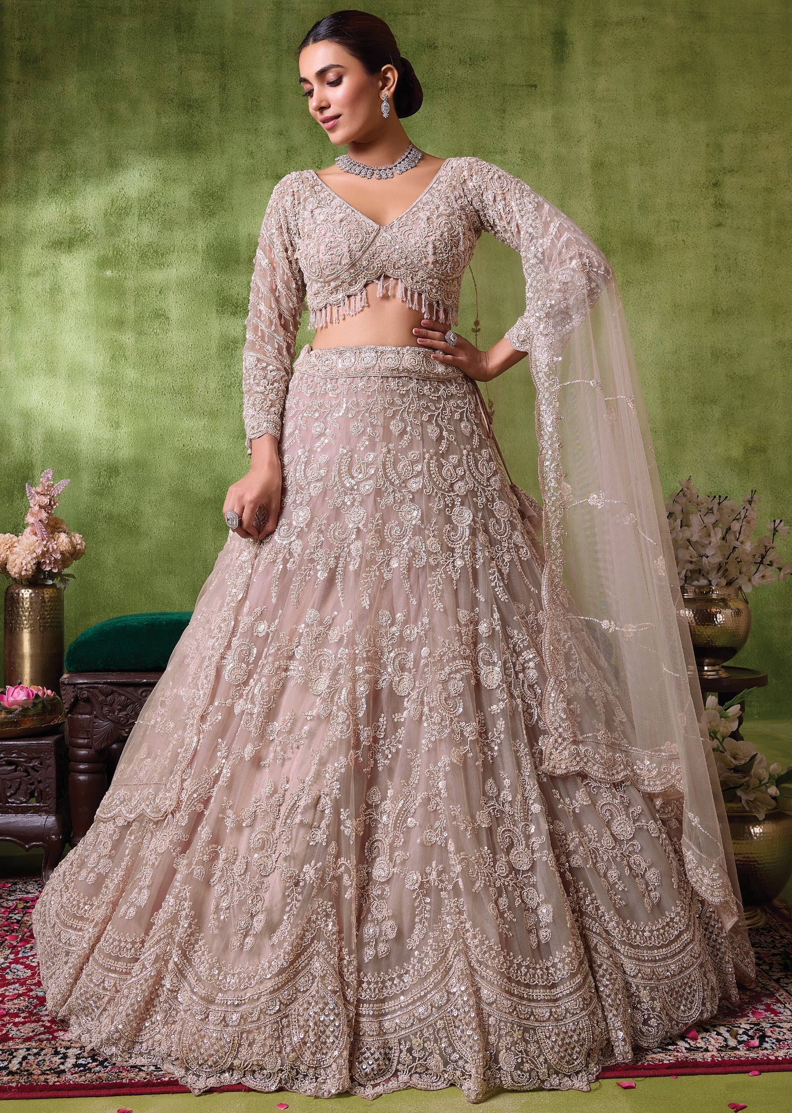 Beige Net Lehenga Set