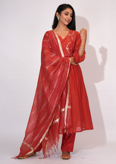 Dark Rust Mul Chanderi Anarkali Suit