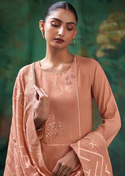 Peach Mul Chanderi Straight cut suit