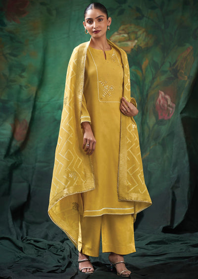 Yellow Mul Chanderi Straight cut suit