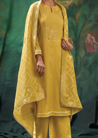 Yellow Mul Chanderi Straight cut suit