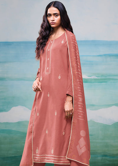 Peach Mul Chanderi Straight cut suit