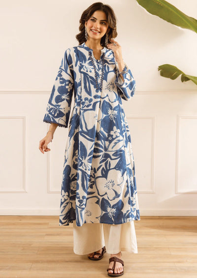 Cream & Blue Cotton Kurti Set