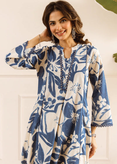 Cream & Blue Cotton Kurti Set