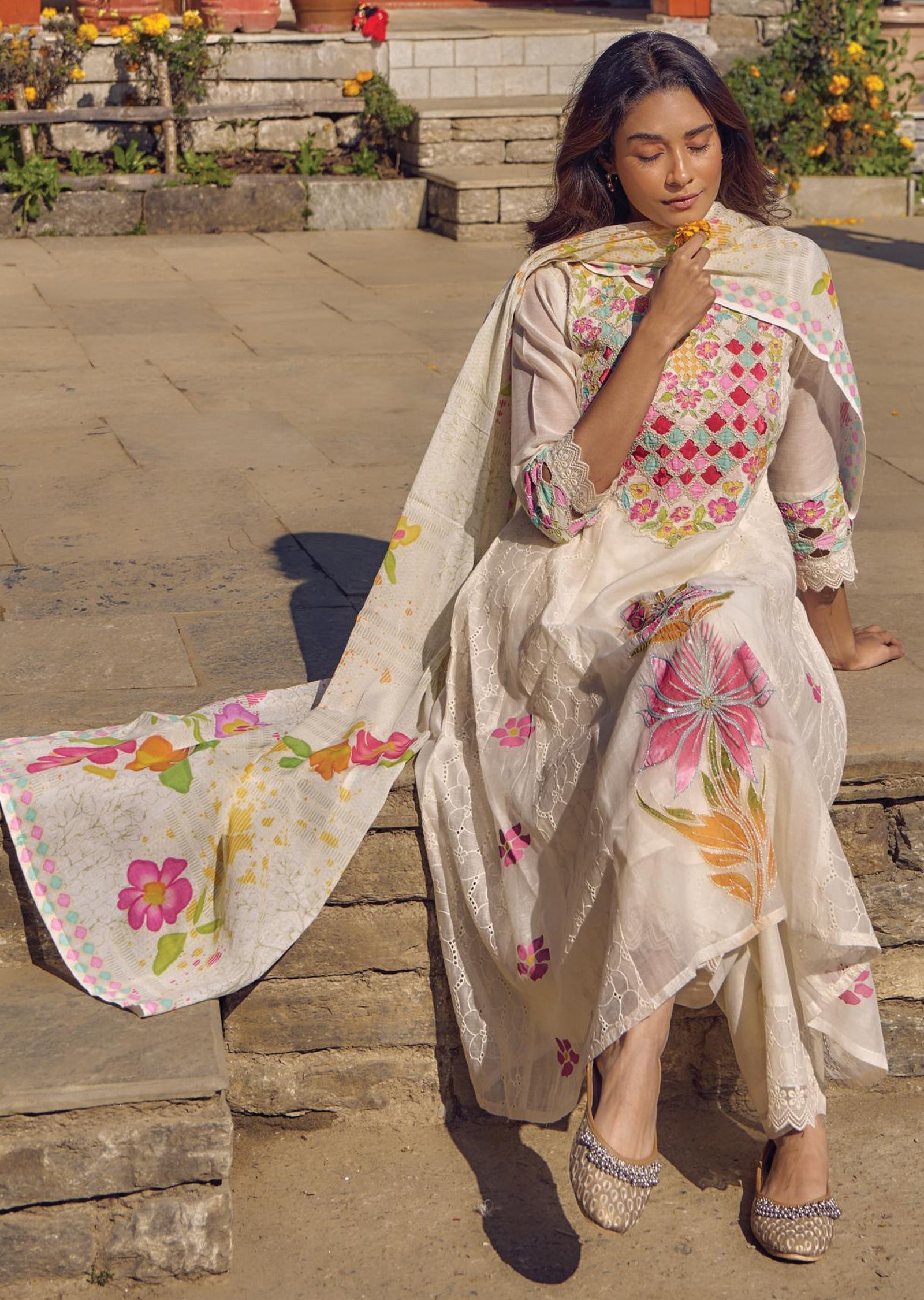 Off White & Light Yellow Cotton Anarkali Suit