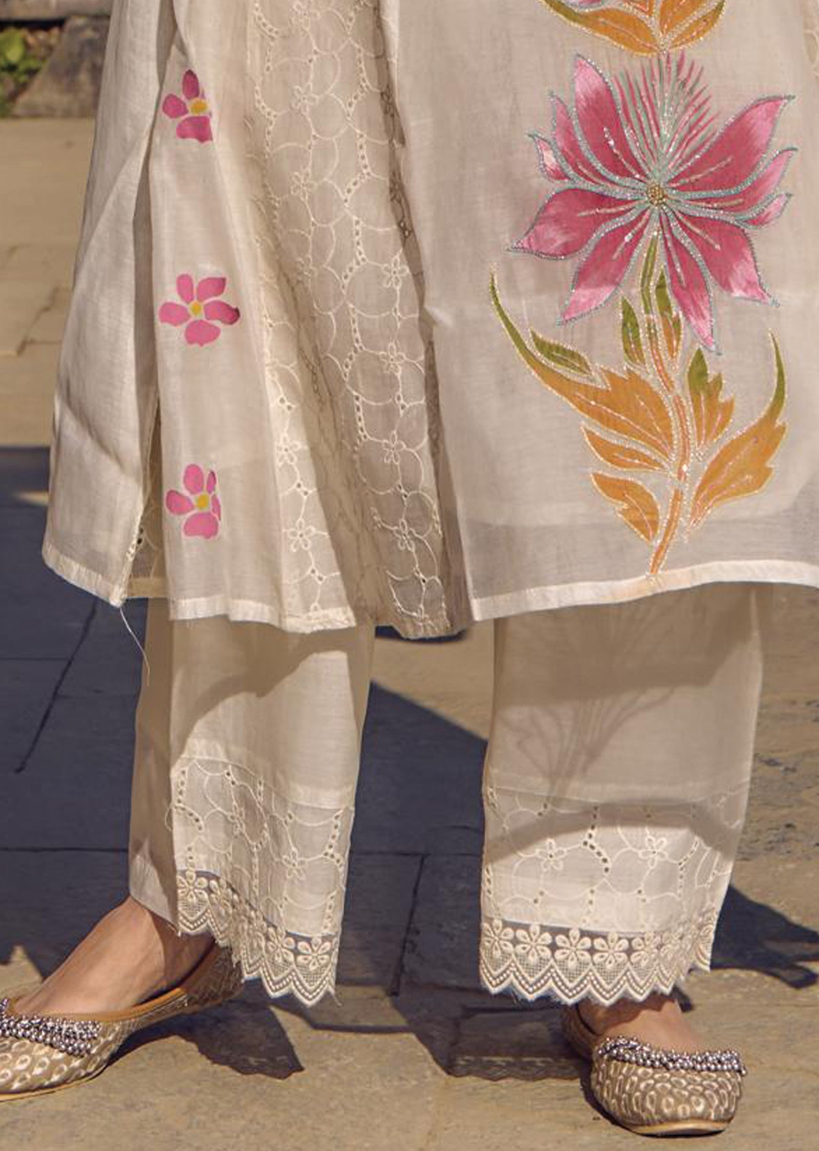 Off White & Light Yellow Cotton Anarkali Suit