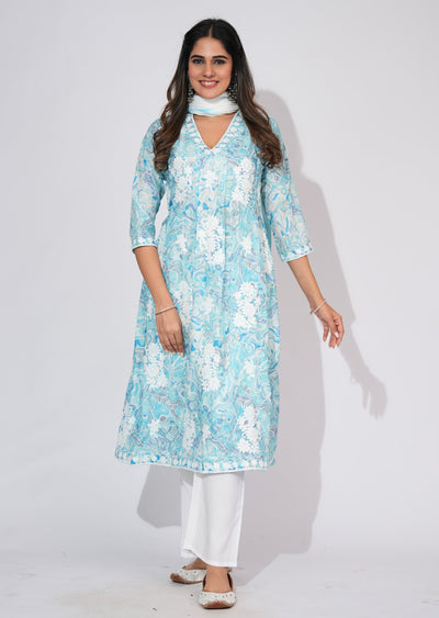 Light Blue Cotton Anarkali Suit
