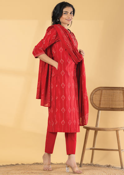 Red Cotton Straight cut suit