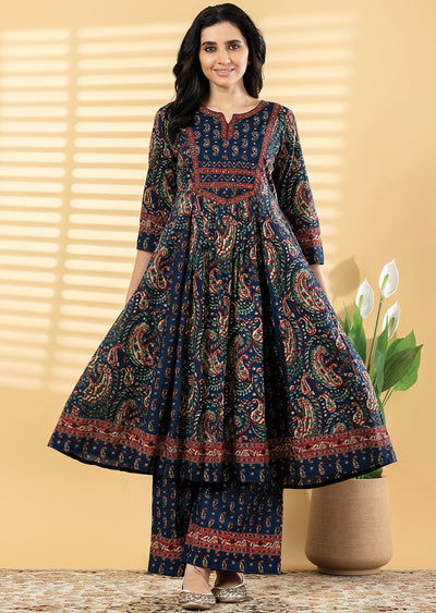 Navy Blue Cotton Anarkali Suit