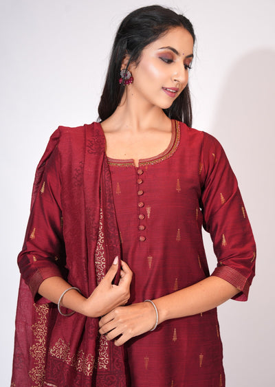 Maroon Silk Straight cut suit
