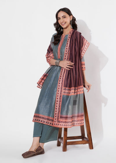 Grey Chanderi Straight cut suit