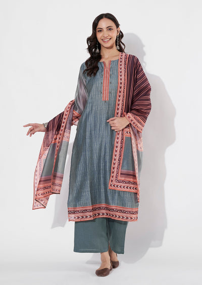 Grey Chanderi Straight cut suit