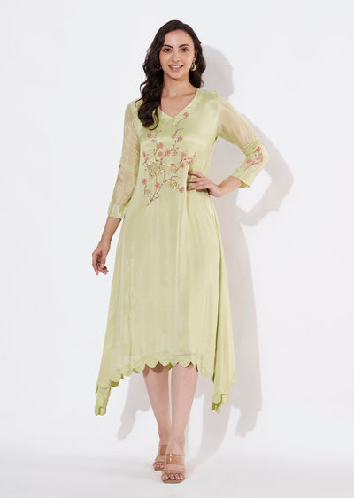 Pista Green Chinnon Frock style kurti