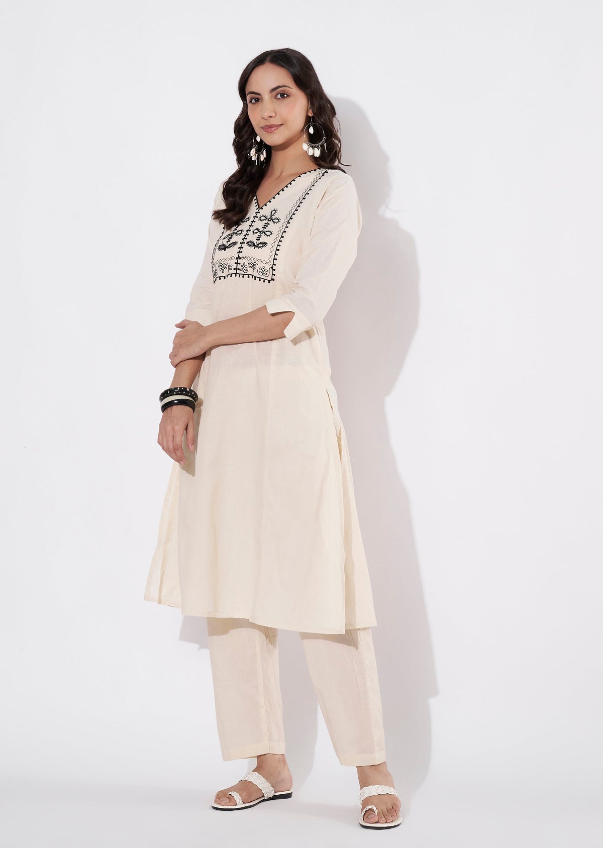 Beige Cotton Straight cut Kurti set