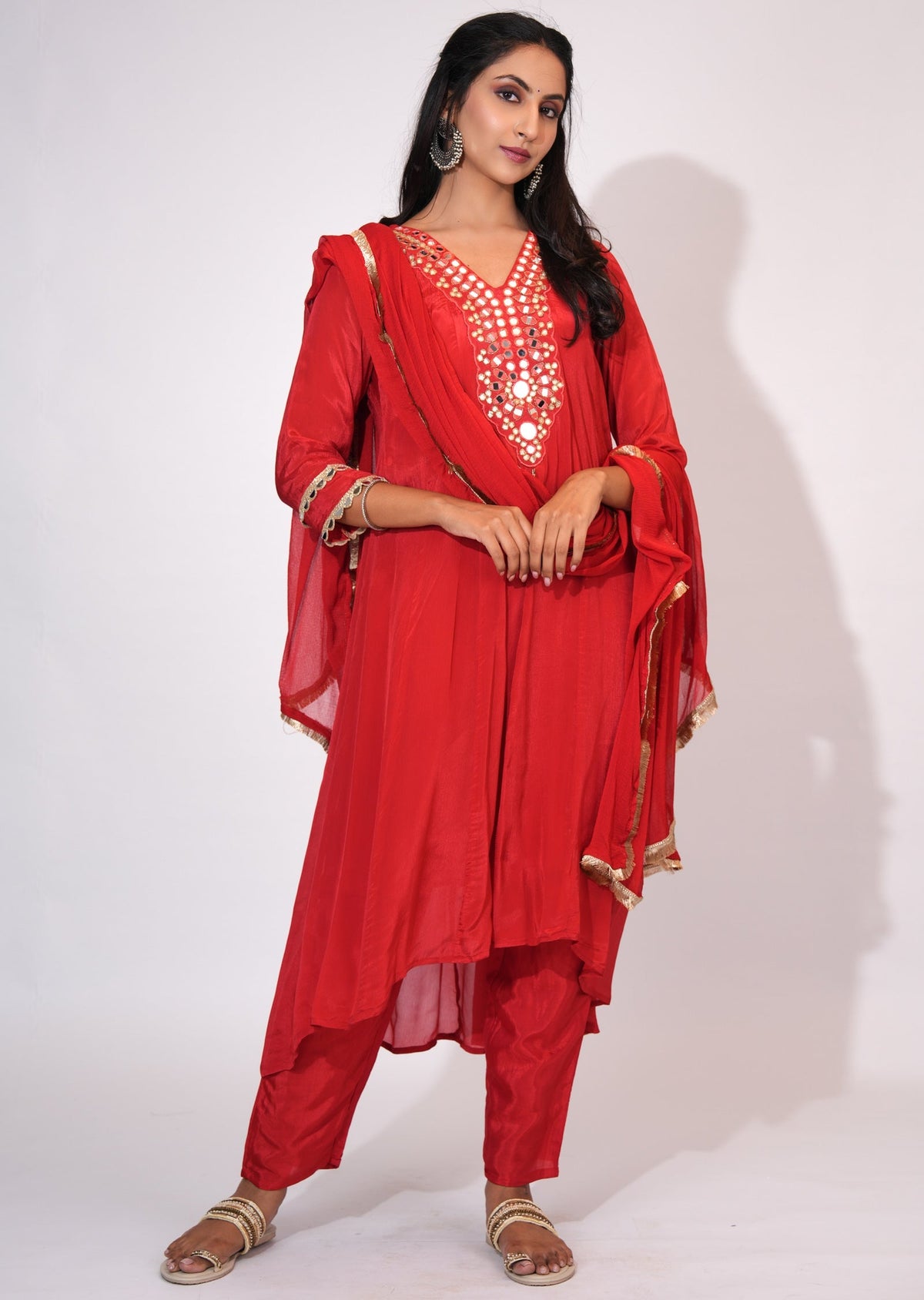 Red Chinnon Anarkali suit