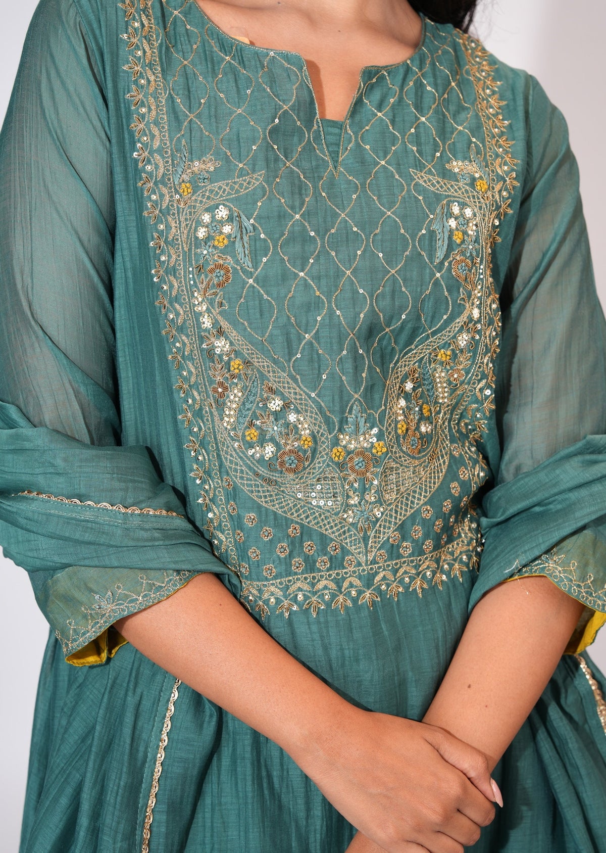 Dusty Green Mul Chanderi Anarkali suit