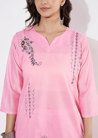 Baby Pink Russian Silk Straight cut Kurti set