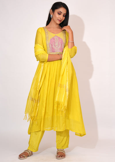 Yellow Mul Chanderi Anarkali suit