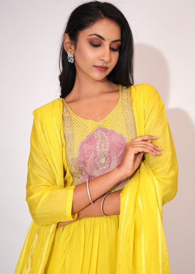 Yellow Mul Chanderi Anarkali suit