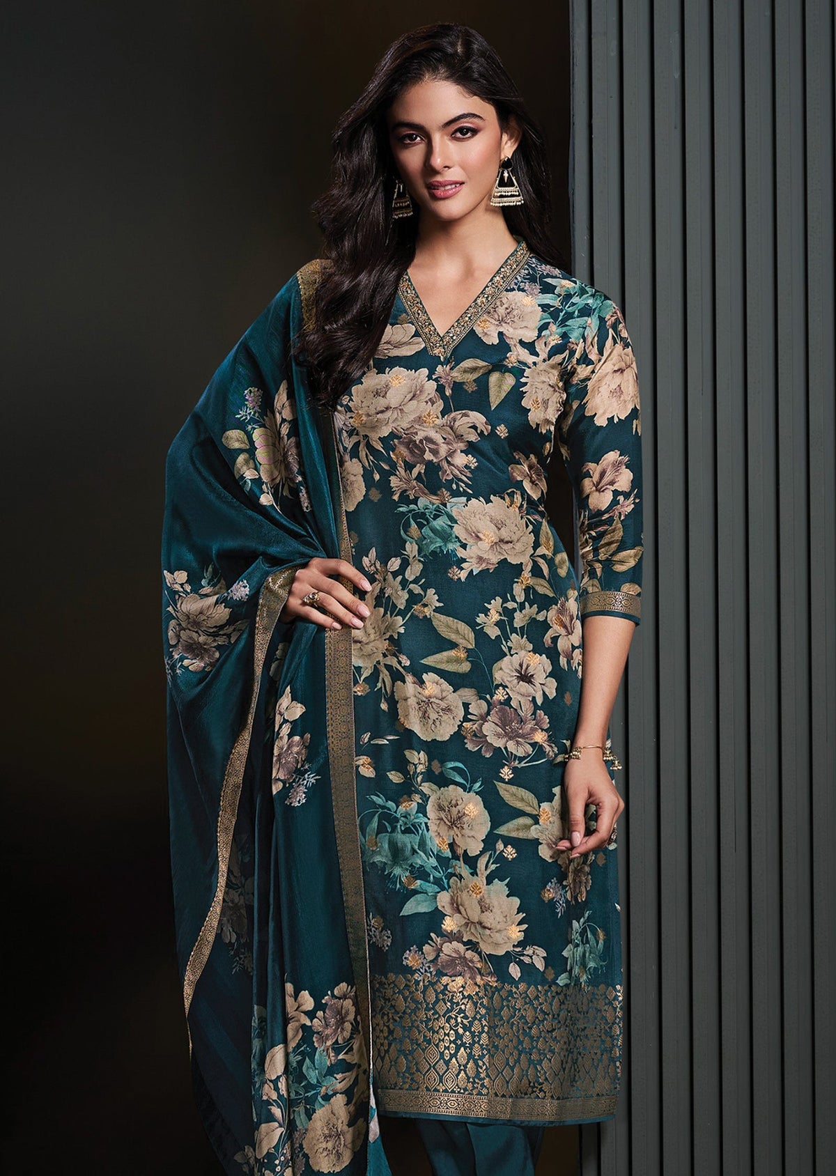 Teal Blue Silk Straight cut suit