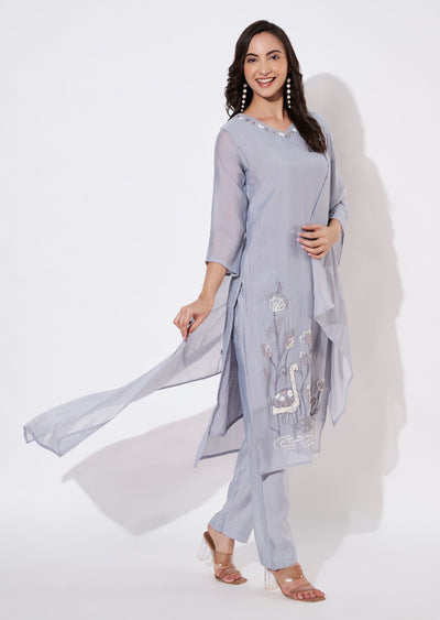 Dusty Blue Mul Chanderi Straight cut suit