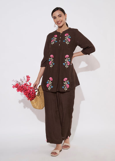 Dark Brown Linen Georgette Kurti set