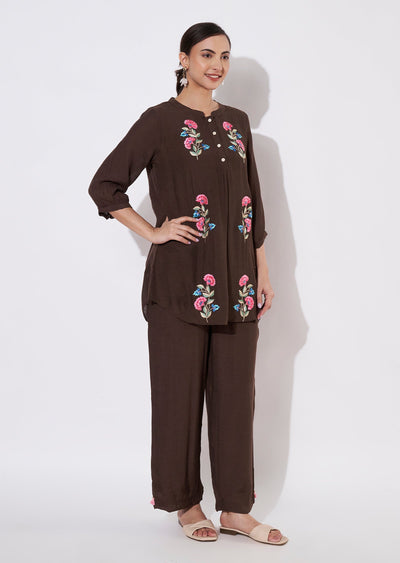 Dark Brown Linen Georgette Kurti set