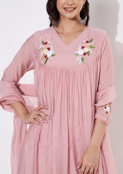 Dusty Peach Mul Chanderi Anarkali suit