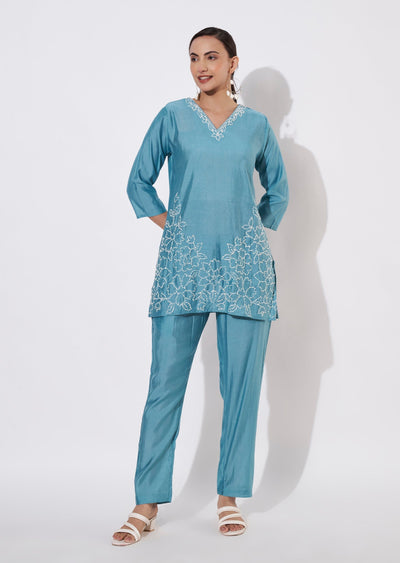 Dusty Blue Mul Chanderi Kurti set