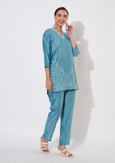Dusty Blue Mul Chanderi Kurti set