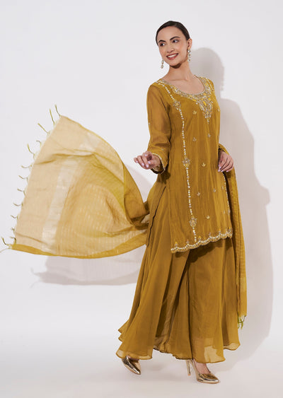 Dark Mustard Mul Chanderi Sharara Set