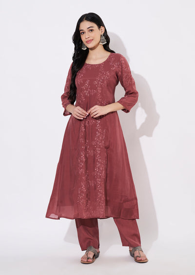 Dark Mauve Mul Chanderi Fusion wear kurti