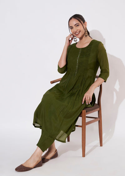 Olive Green Mul Chanderi Kurti set