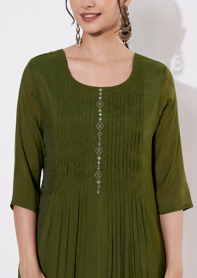 Olive Green Mul Chanderi Kurti set