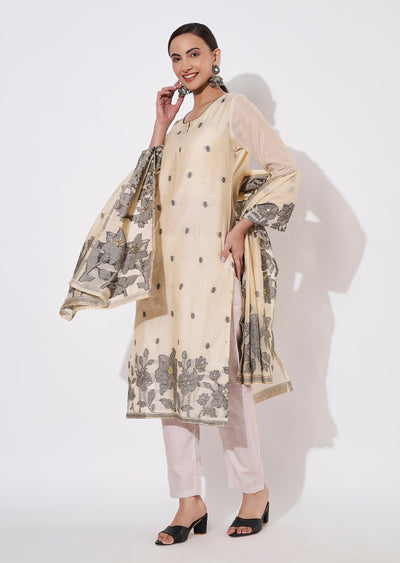 Beige Chanderi Straight cut suit