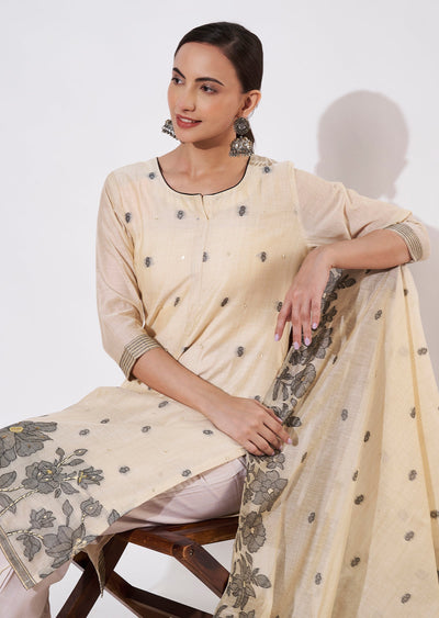 Beige Chanderi Straight cut suit