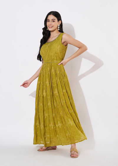 Mehndi Green Mul Chanderi Long Kurti