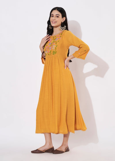 Mustard Linen Georgette Frock style kurti