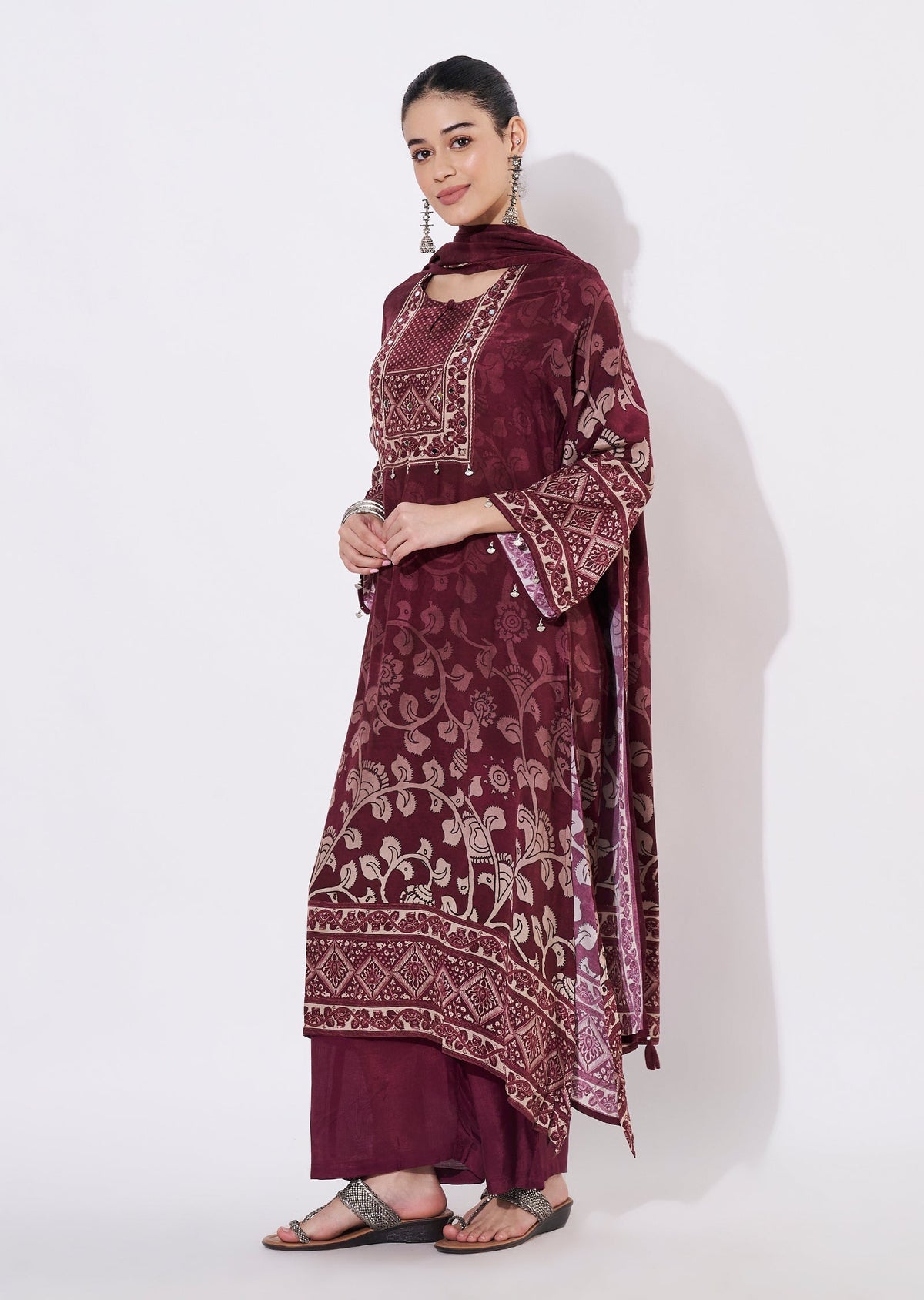 Maroon Muslin Straight cut suit