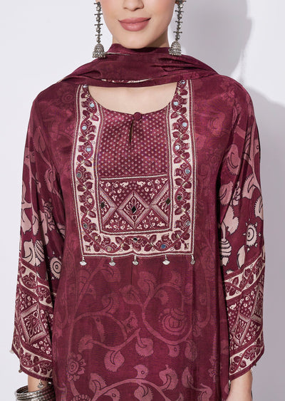 Maroon Muslin Straight cut suit